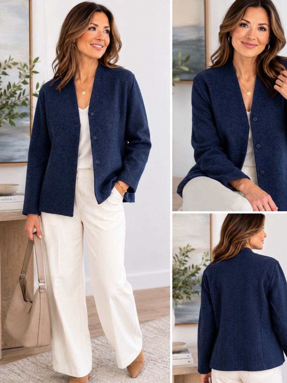 Eileen Fisher 100% Wool Snap Front Jacket – Navy Blue – Size Small